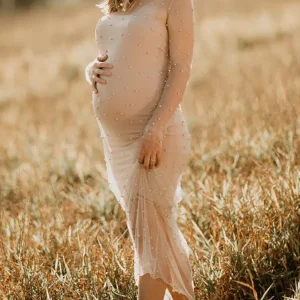Chicnmom Vestido Maxi Embarazada con Mangas Largas de Cubre , Perlas y Rhinestone, Con Lado Abierto para Fotografía